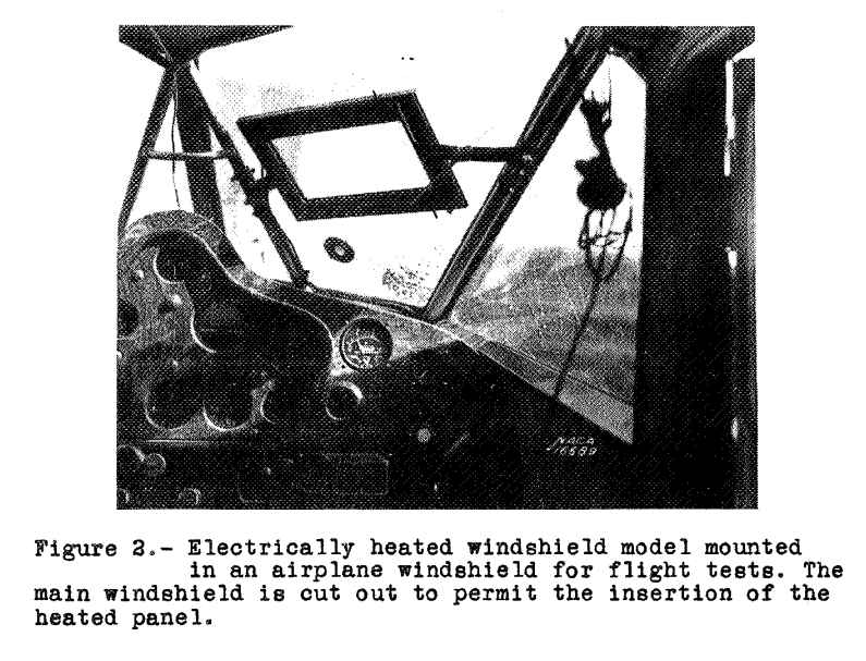 Figure 2. Electrically heated windshield model mounted in an airplane windshield for flight tests. 
The main windshield is cut out to permit the insertion of the heated model.
